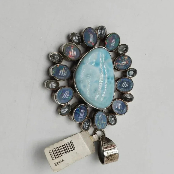 Larimar Opal Gemstone Pendant Sterling Silver Setting Blue Iridescent Stones - Picture 3 of 7